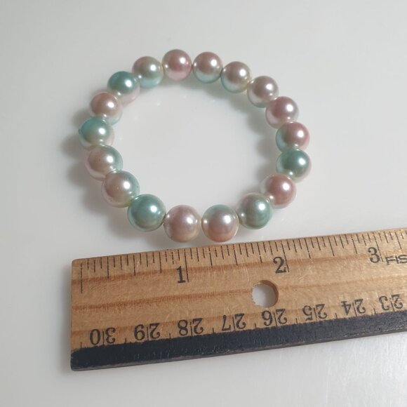 Vintage Faux Pearl Beaded Stretch Bracelet Pastel Pink Blue Beads Gift Jewelry - Picture 2 of 3
